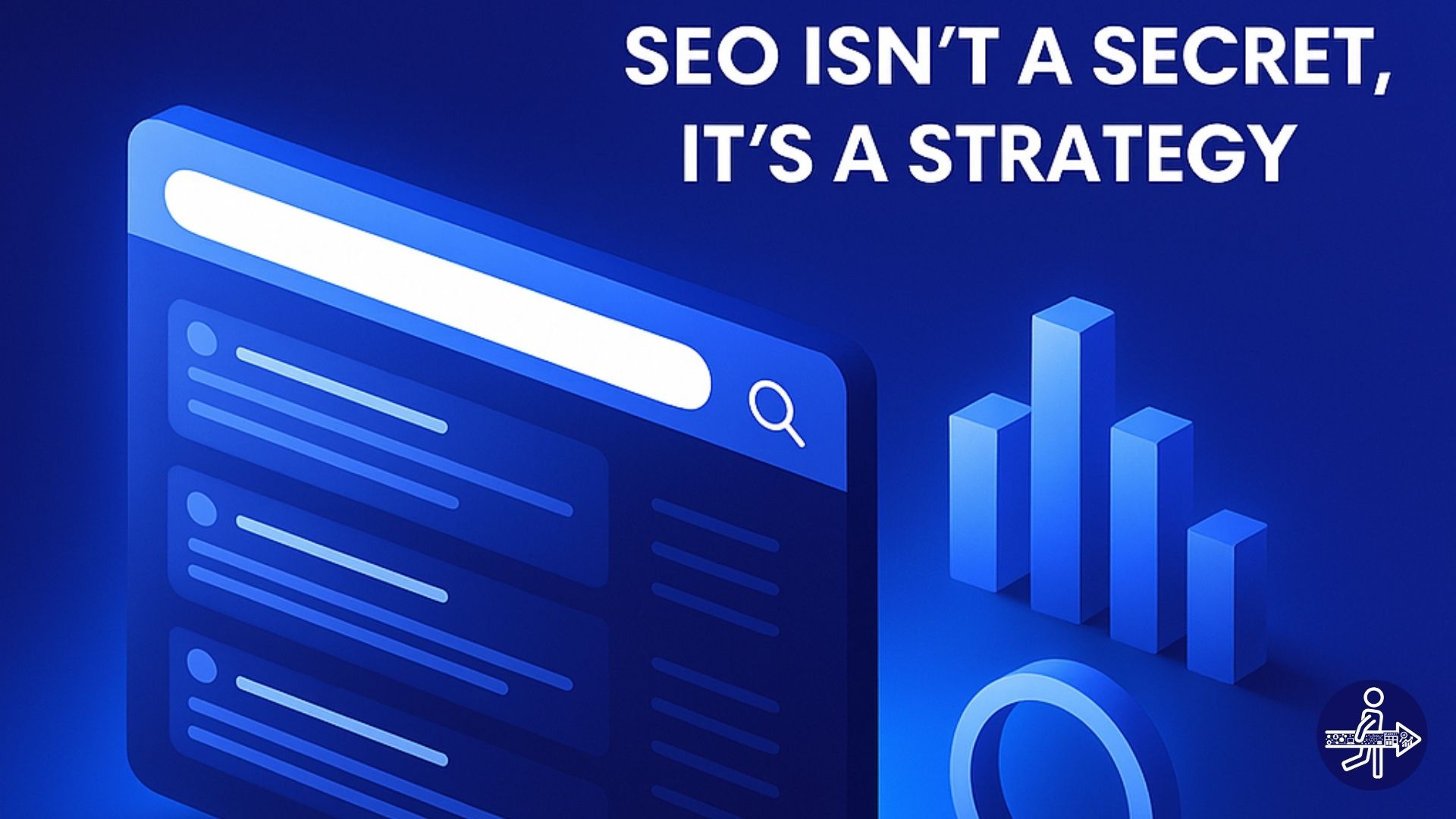 Search bar illustration with SEO label and upward arrows representing search engine optimization for small businesses.